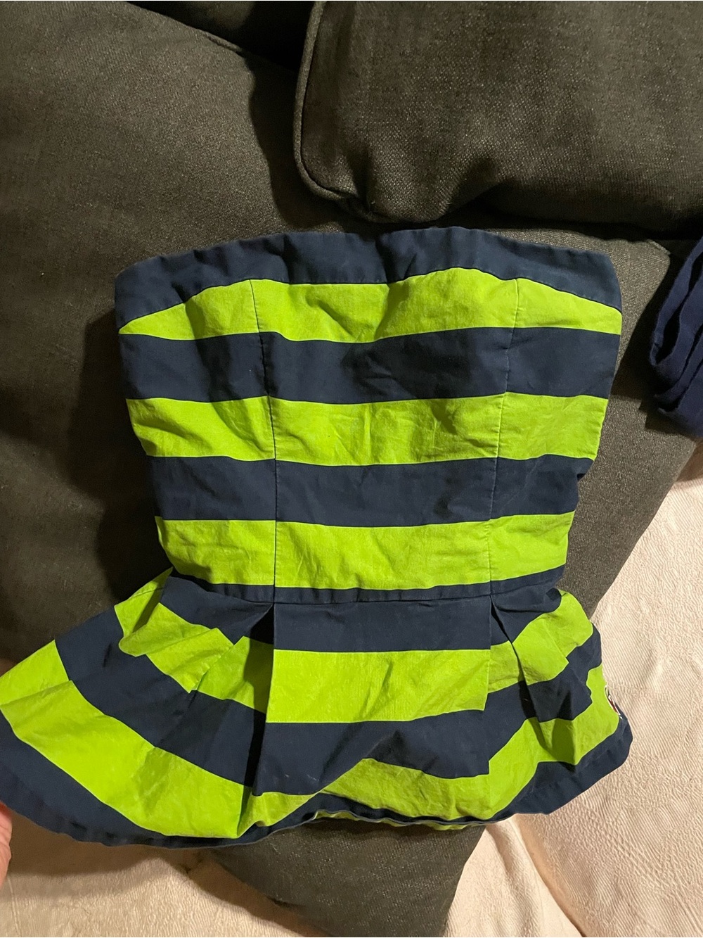 Hollister Y2K Striped Strapless Peplum Top in Neon Green and Navy
